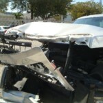 Before and after photographs of a damaged Ford pickup truck that was repaired by Elite Paint & Body Shop in West Palm Beach, Florida.